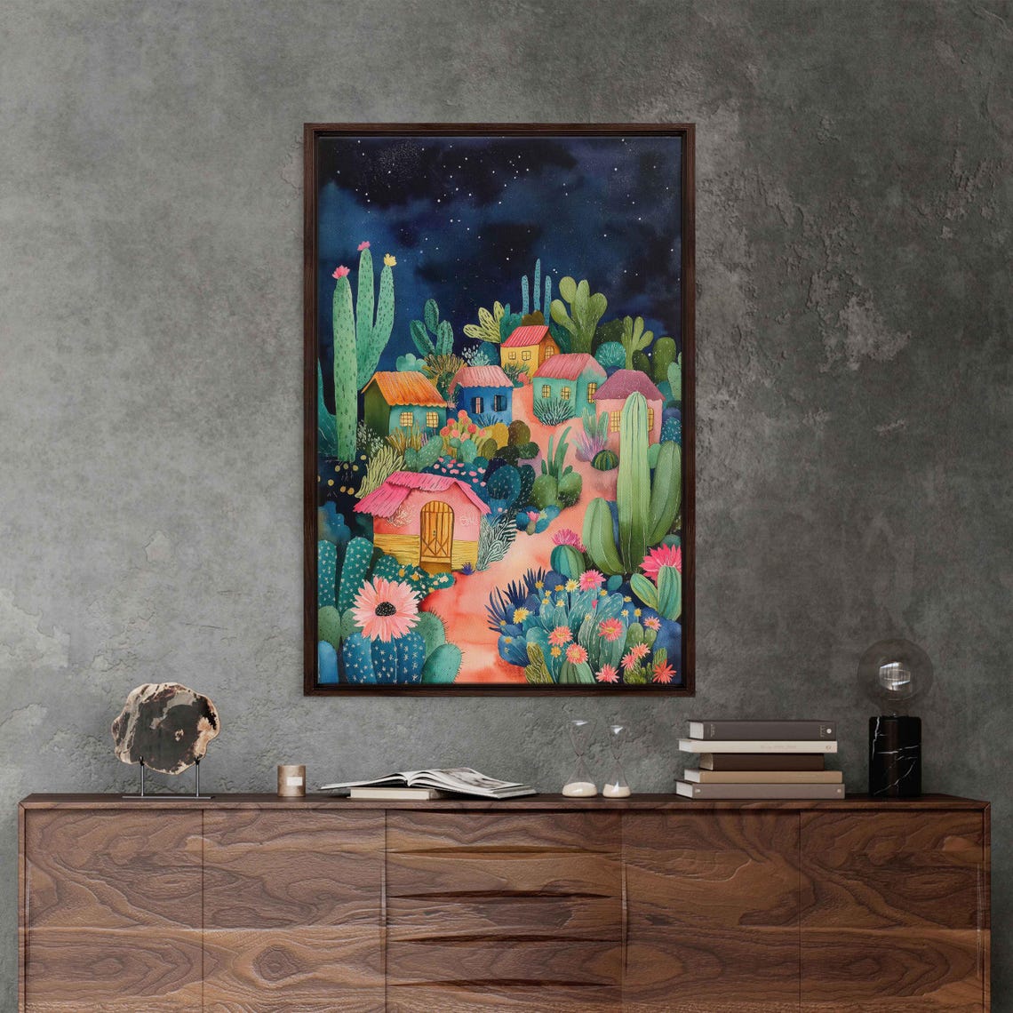 Whimsical Cactus Village Wall Art Print Dreamy Watercolor Tropical Night Scene