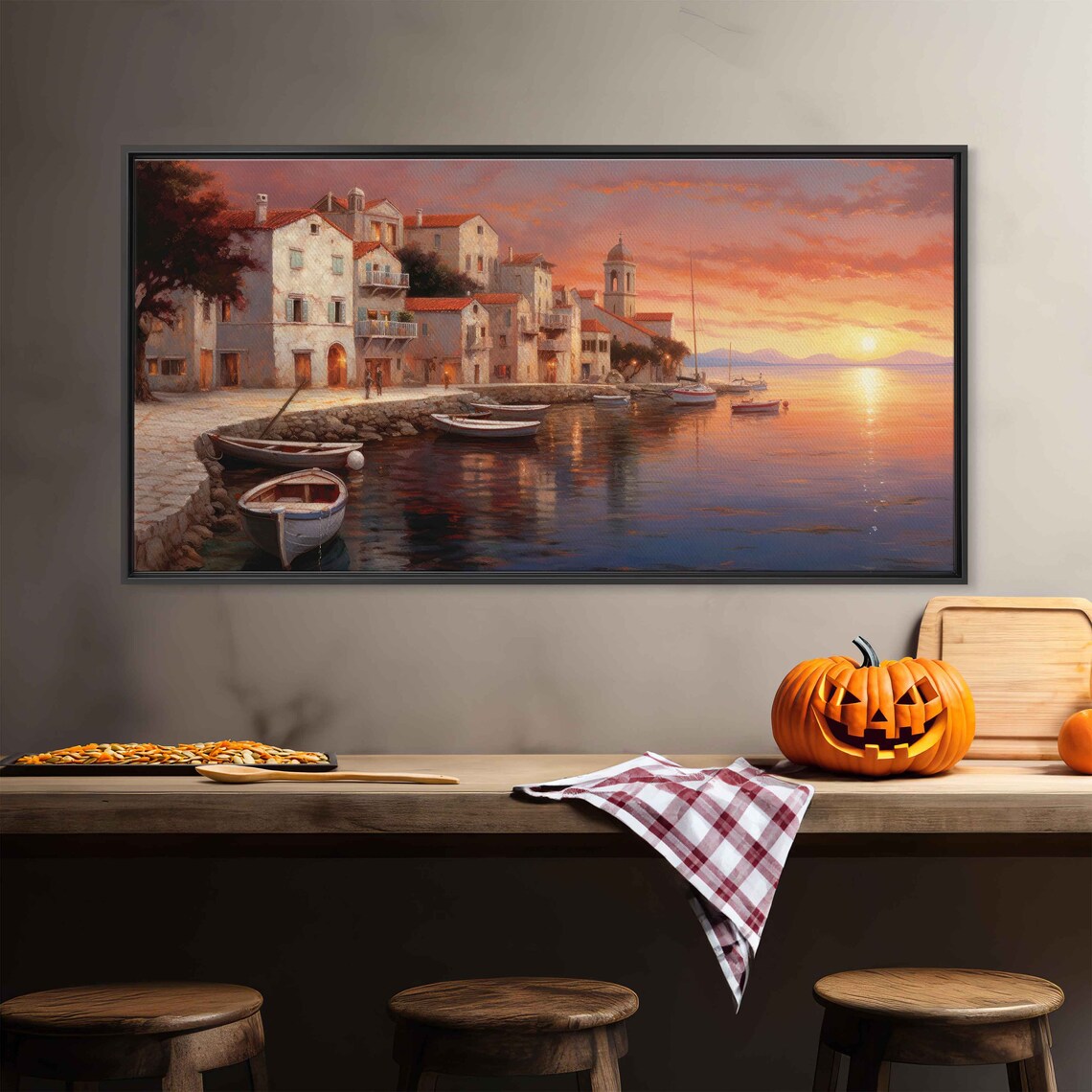 Mediterranean Harbor Sunset Sailboats Old Town Coastal Painting Travel Poster - Image 2