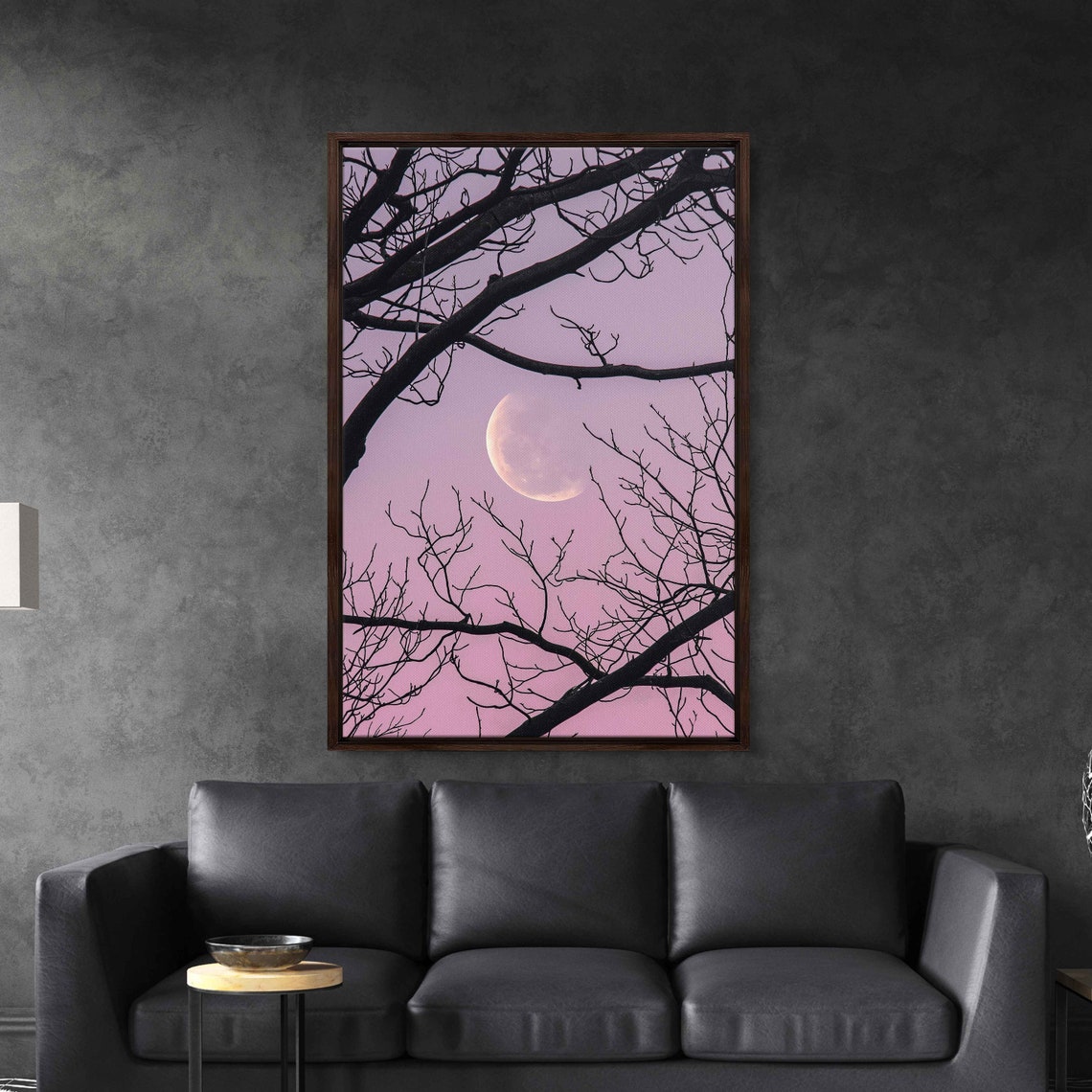 Crescent Moon Shown Through Tree Branches Wall Art Print Vibrant Pink Sky Nature Painting Ready To Hang - Image 3