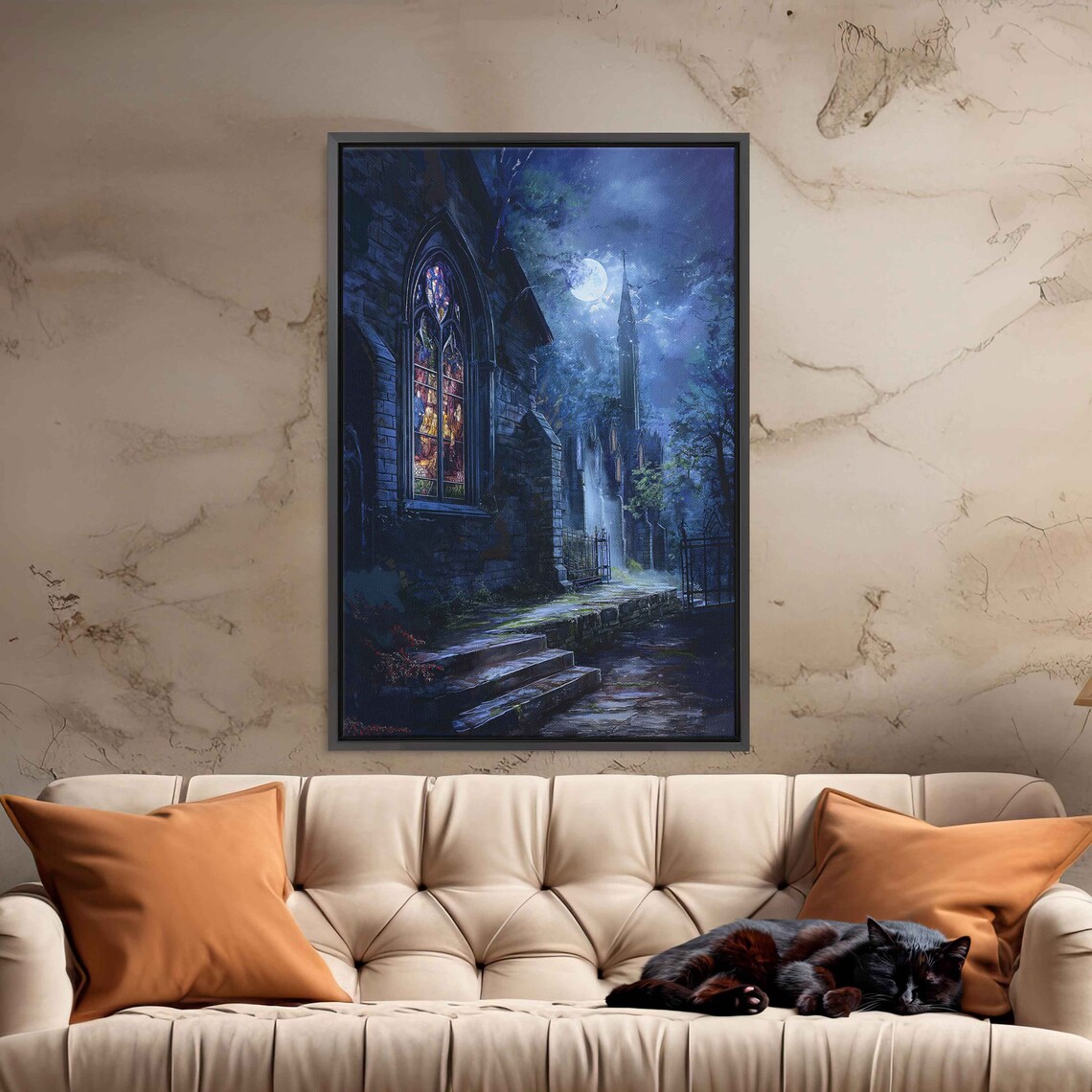 Eerie Old Church Moonlit Night Stained Glass Window Gothic Chapel Poster - Image 3