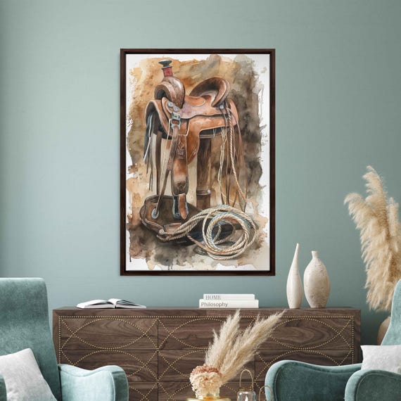 Cowboys Saddle And Lasso Watercolor Wall Art Print Western Wall Art Rustic Painting Ready To Hang