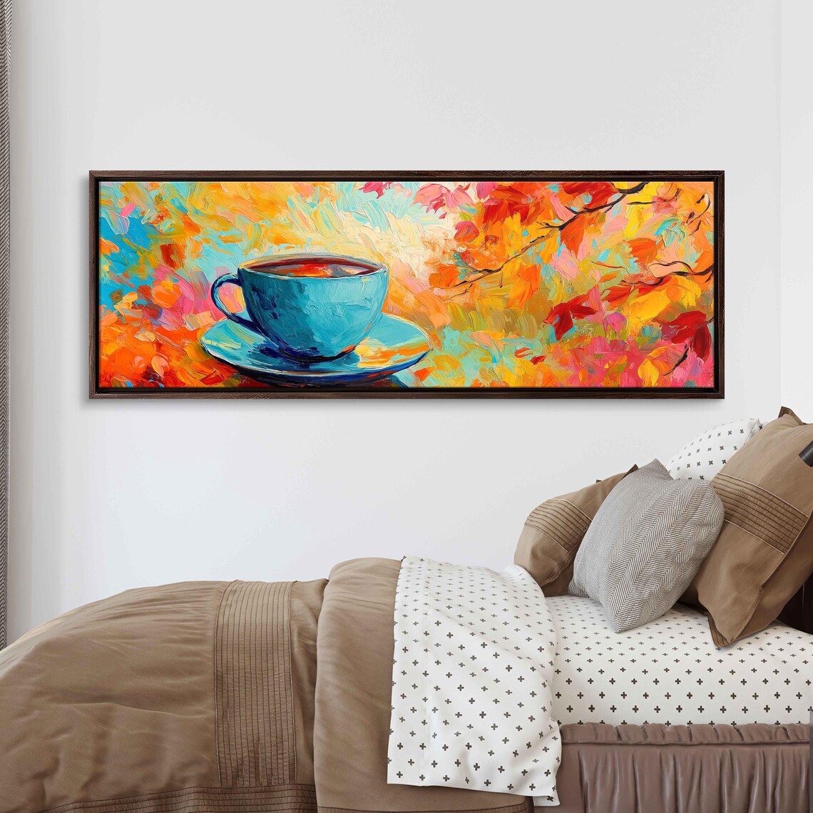 Blue Teacup Amid Fiery Autumn Leaves Colorful Painting Art Print - Image 3