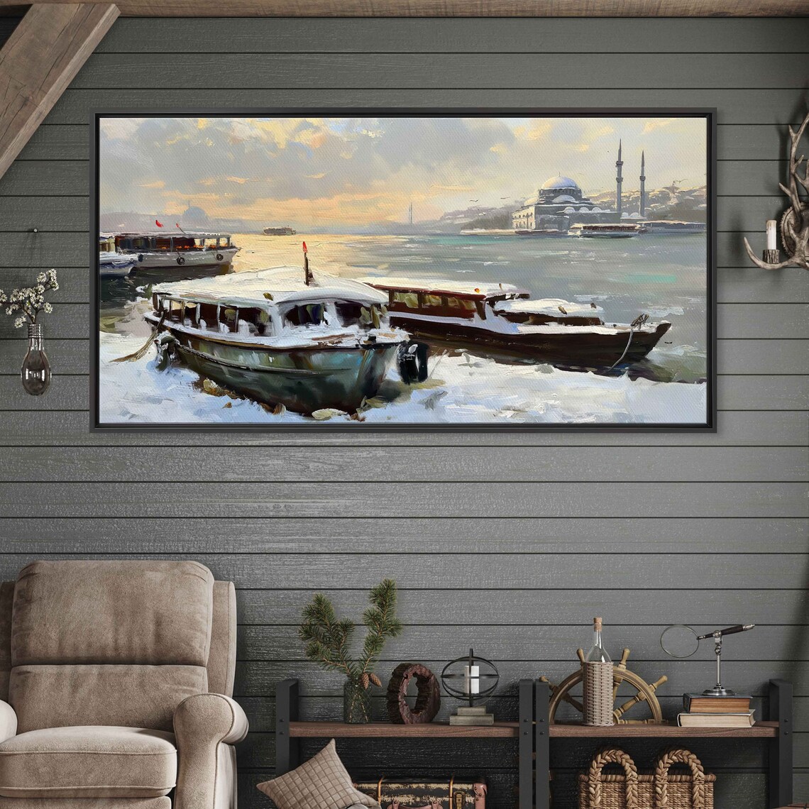 Snowy Winter Harbor Docked Boats Mosque Across Water Scenic Wall Art - Image 2