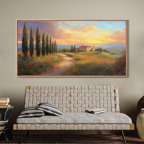 Italian Alley Landscape Wall Art Print Sunset Colors Cypress Trees Rustic Villa