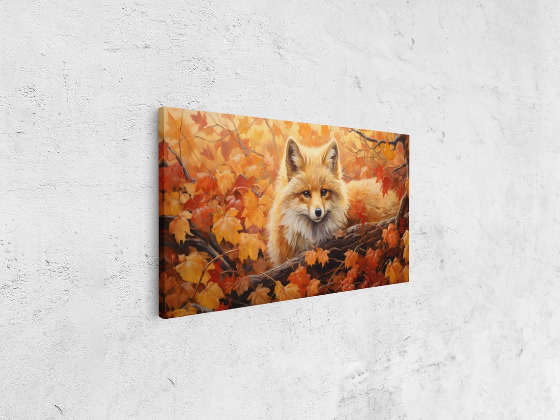 Fox on Branch Golden Autumn Leaves Wildlife Panoramic Wall Art - Image 4