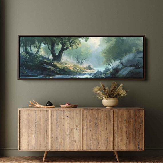 River In Forest Waterfall Painting Wall Art Print Ready To Hang Oil Painting