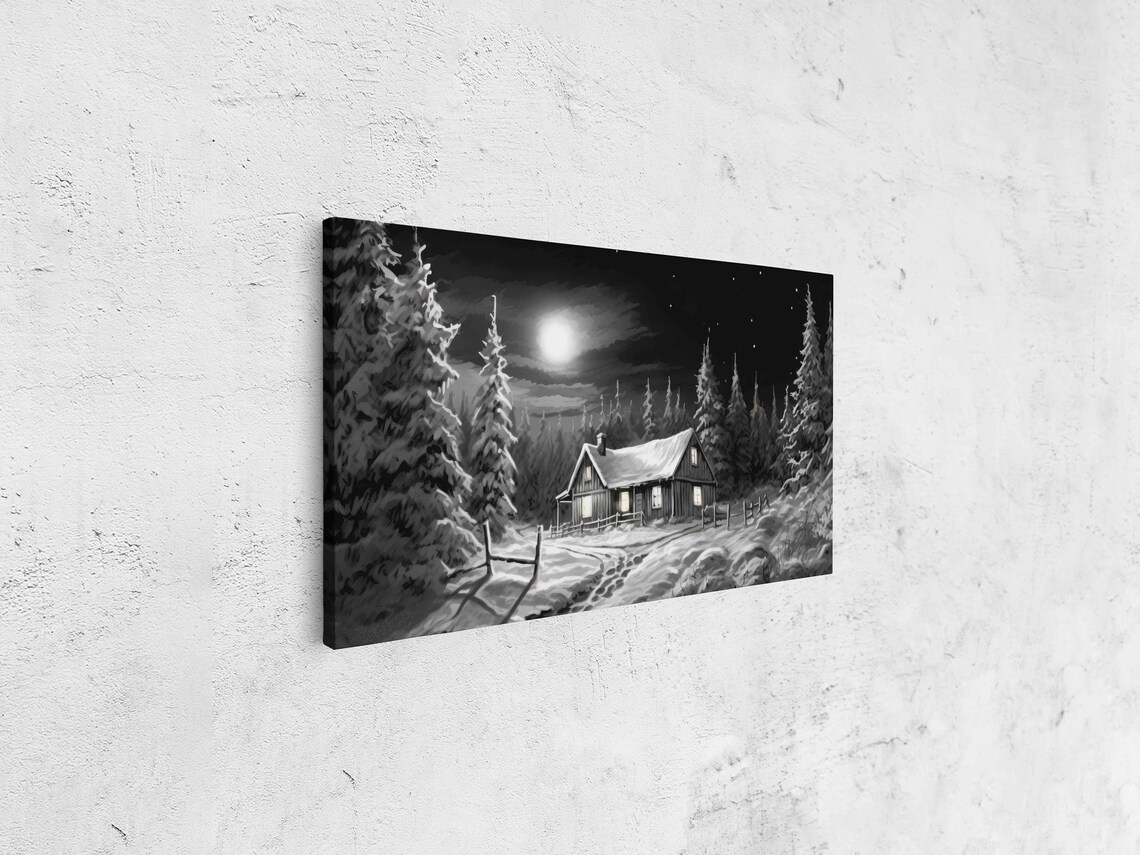 Log Cabin Winter Landscape, Black And White Art Print - Image 4