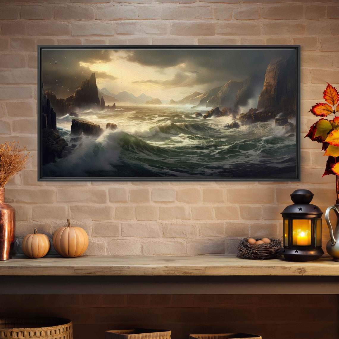 Crashing Waves Rocky Sea Cliffs Stormy Golden Coast Seascape Poster - Image 3