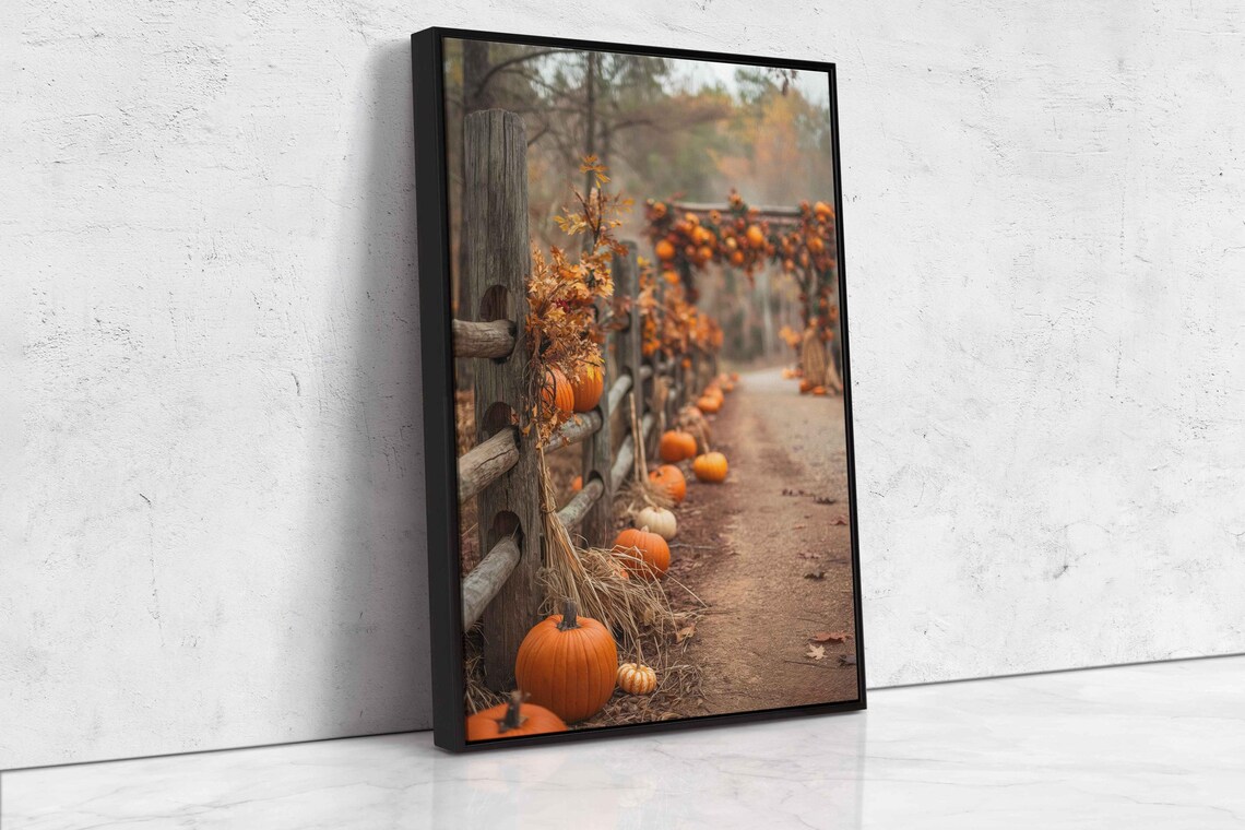 Rustic Wooden Fence With Pumpkins Autumn Country Path Photo Poster - Image 4