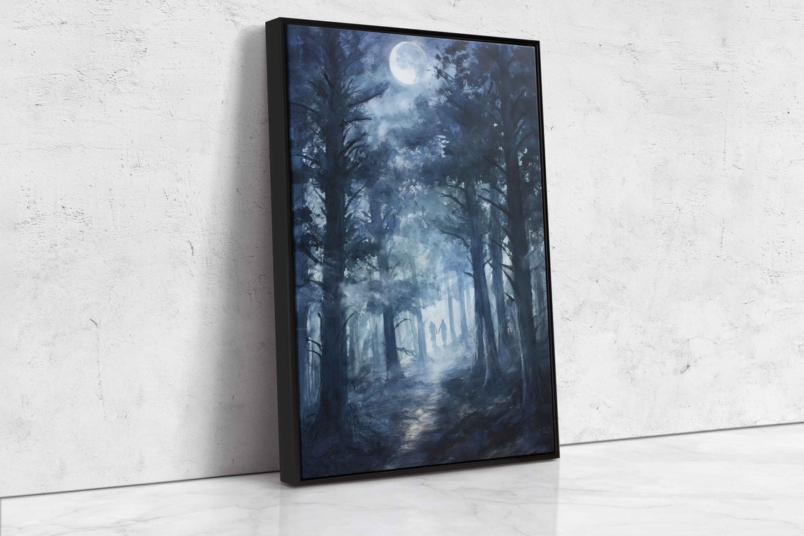 Ghostly Figures Walking Moonlit Foggy Forest Night Spooky Art Print - Image 4