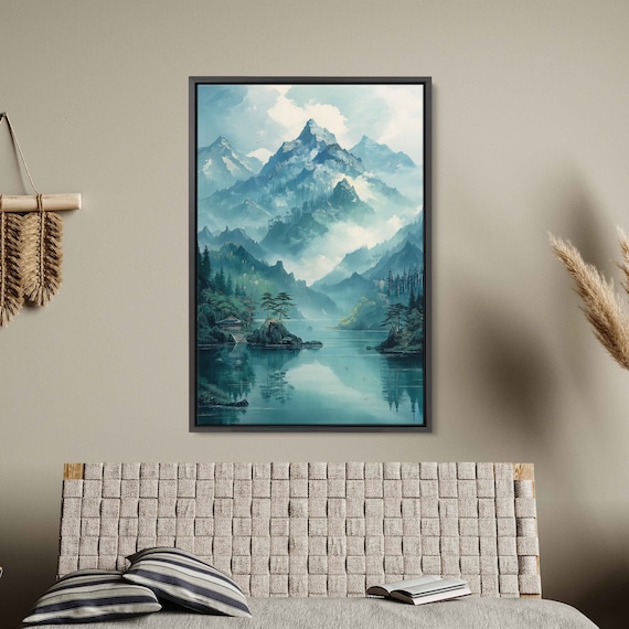 Asian Pagoda Misty Mountains Lake In Forest Painting Framed Print Ready To Hang