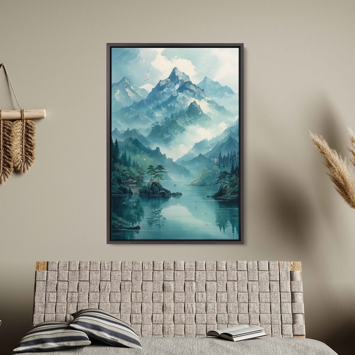 Asian Pagoda Misty Mountains Lake In Forest Painting Framed Print Ready To Hang