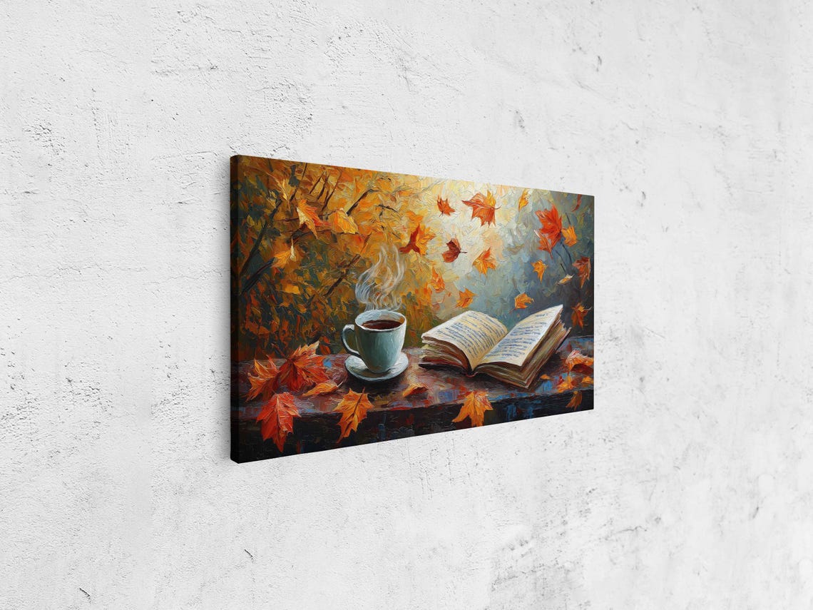 Steaming Coffee And Open Book Amid Falling Maple Leaves Painting - Image 4