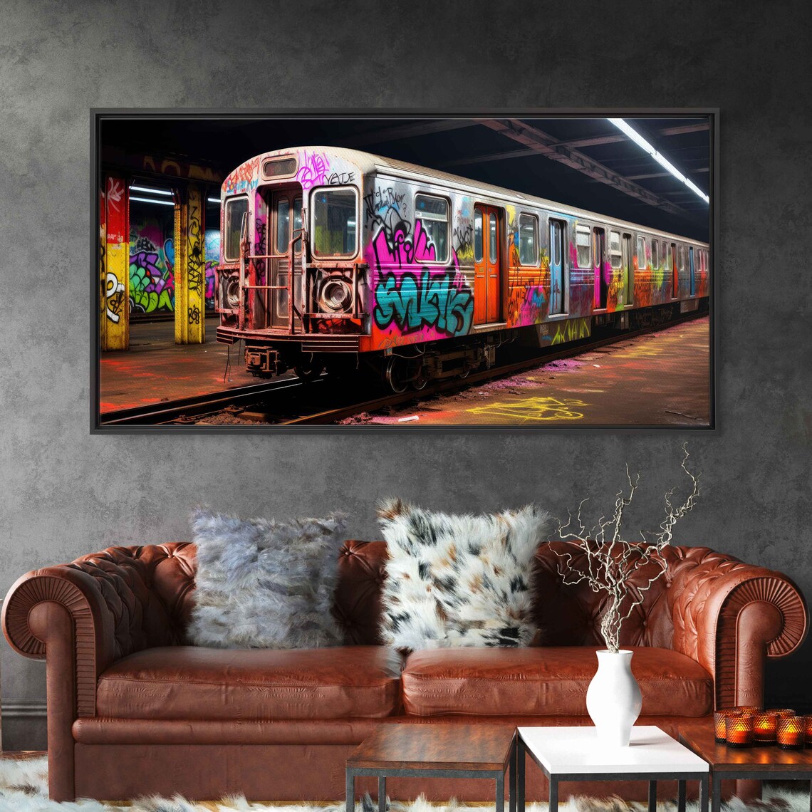 Graffiti Tagged Subway Train, Vibrant Spraypaint Art Print
