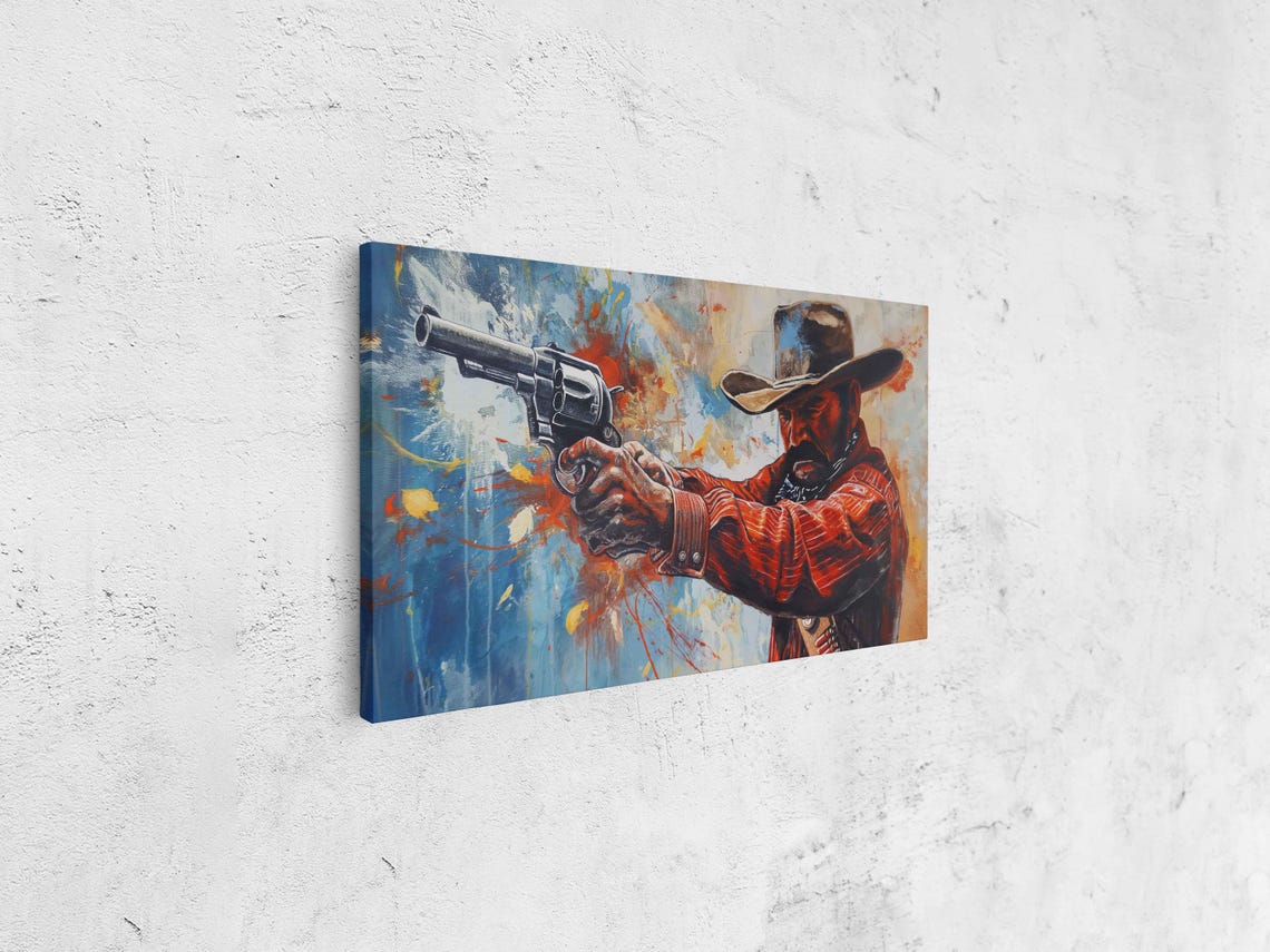 Cowboy Gunslinger Aiming Revolver Blue Orange Painted Poster - Image 4