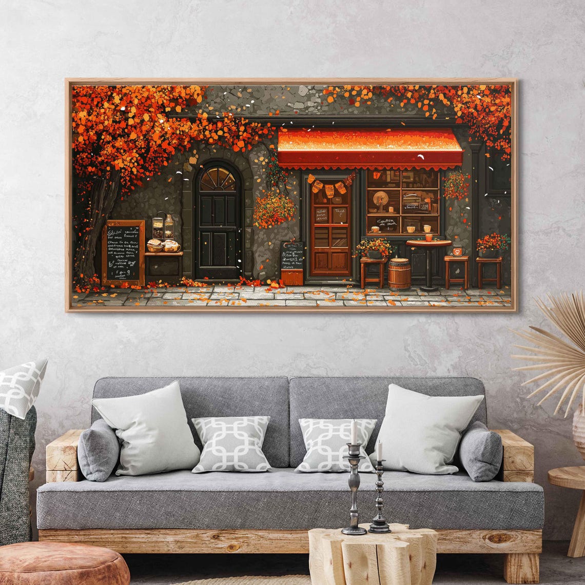 Charming Coffee Shop Storefront Autumn Foliage Red Awning Fall Poster
