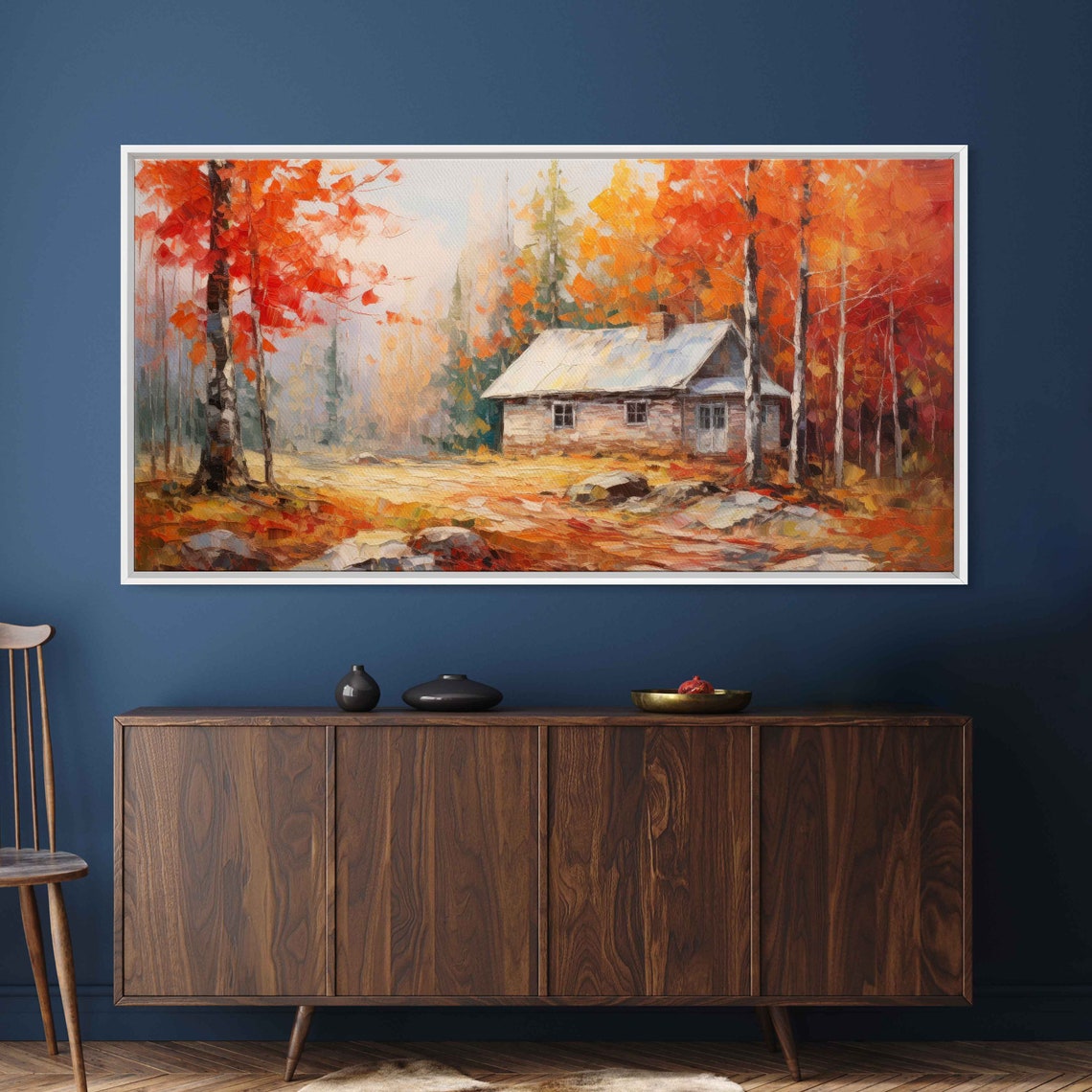 Autumn Cabin Birch Trees Red Orange Foliage Forest Impressionist Print - Image 2