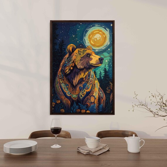 Grizzly Bear With Tribal Patterns Vivid Starry Night Spiritual Poster