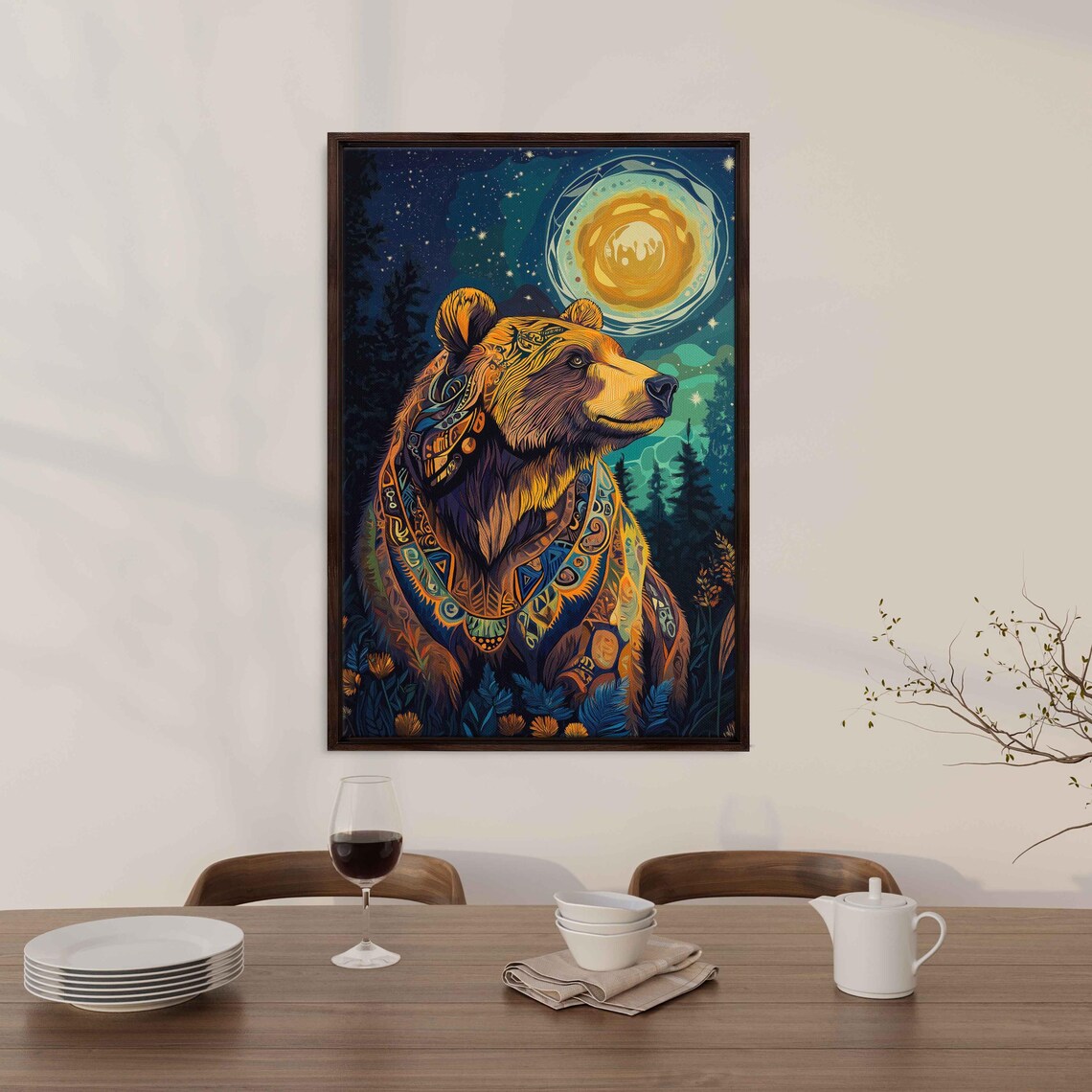 Grizzly Bear With Tribal Patterns Vivid Starry Night Spiritual Poster