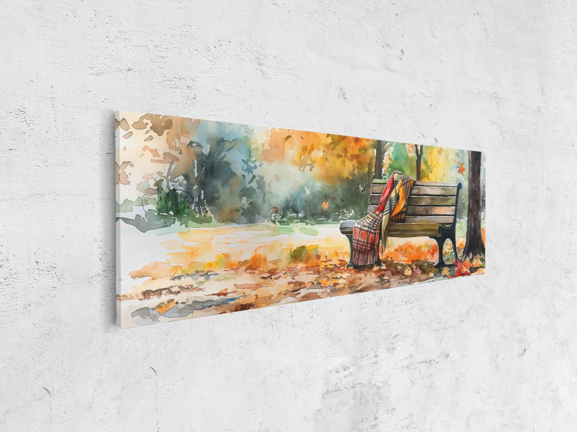 Park Bench With Red Plaid Blanket In Autumn Park Watercolor Poster - Image 4