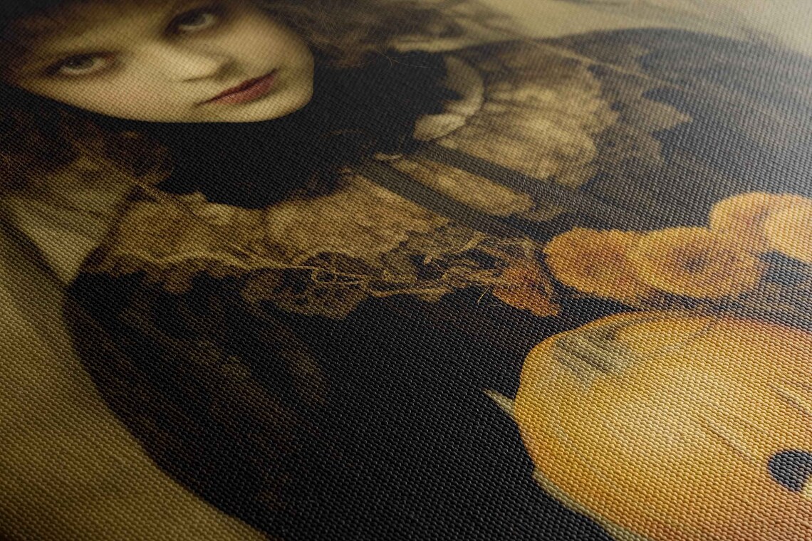 Vintage Witch Girl In Hat Holding Pumpkin Spooky Portrait Art Print - Image 2
