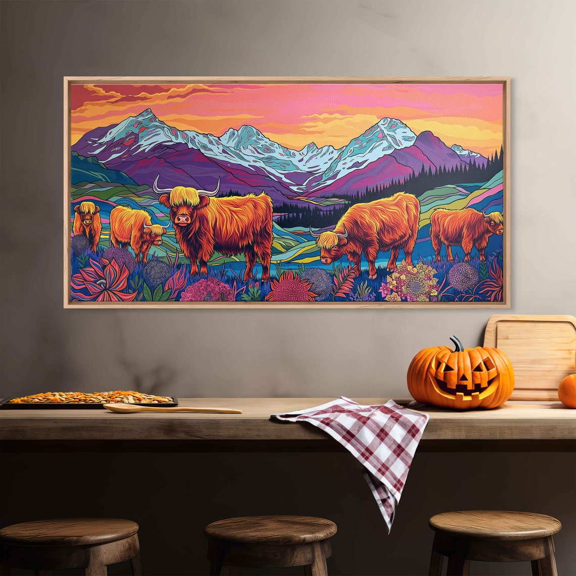 Colorful Highland Cows Herd Abstract Pop Art Mountain Poster - Image 2