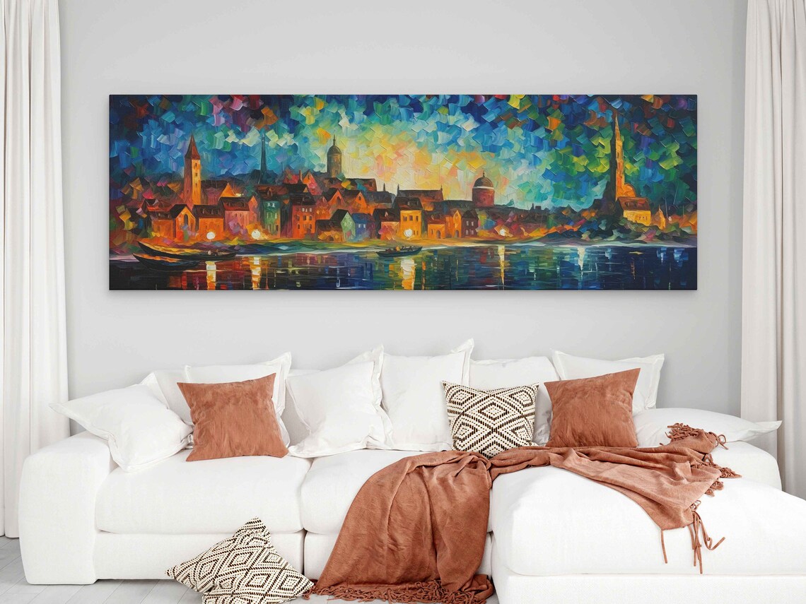Old Town Night Lights Palette Knife River Glow Panoramic Painting Poster - Image 2