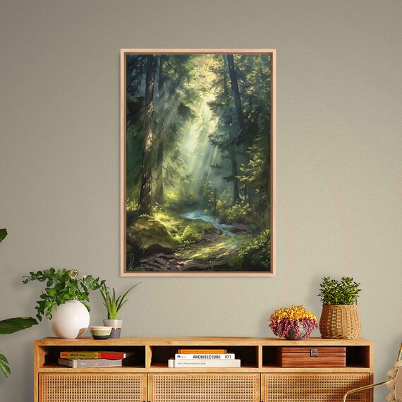 River Running Through Middle Of Forest With Sunlight Shining Through Trees Wall Art Print Nature Poster Ready To Hang