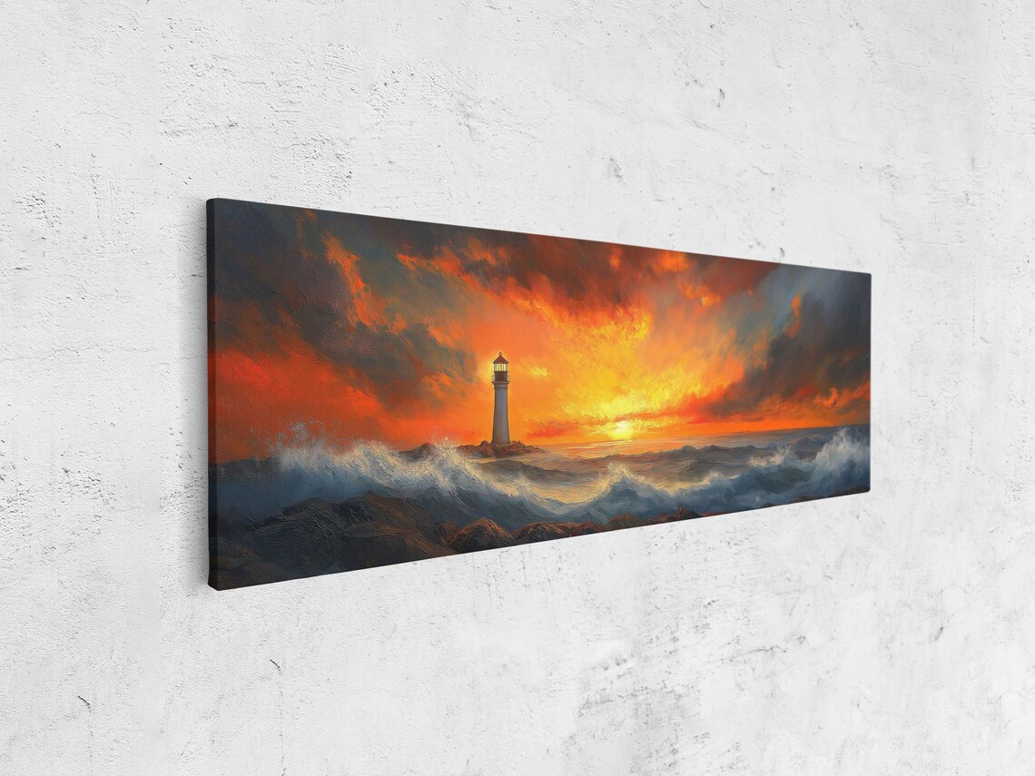 Lighthouse At Fiery Sunset Panoramic Ocean Waves Dramatic Orange Sky Coastal Poster - Image 4