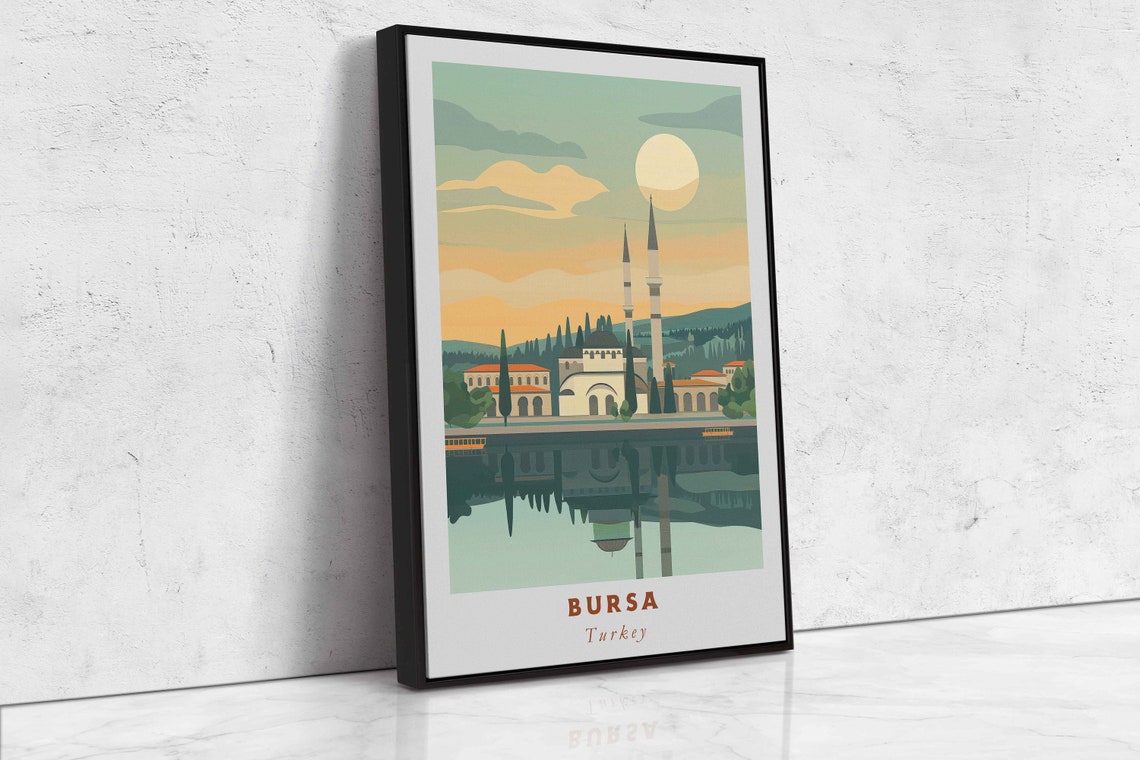 Bursa Turkey Mosque Minarets Water Reflection Moonlight Travel Poster - Image 2