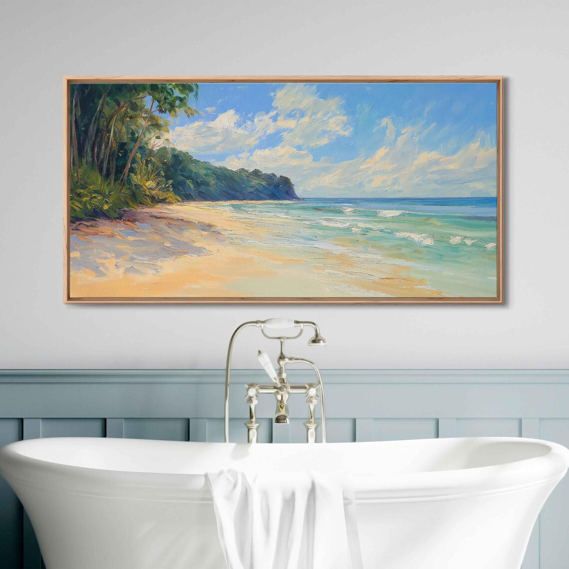 Tropical Sandy Beach Turquoise Waves Palm Trees Oil Painting Poster