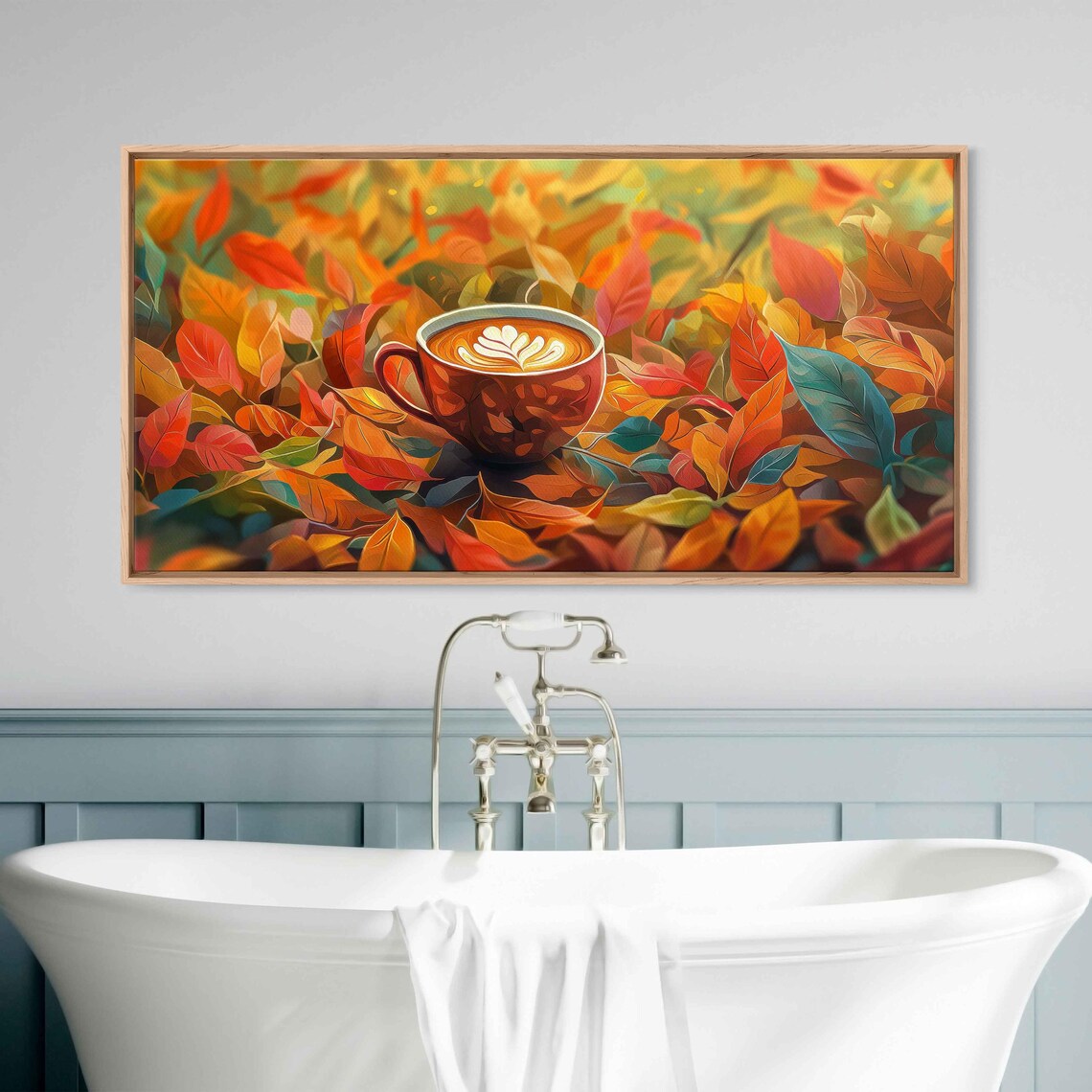 Latte Cup With Leaf Art Nestled Among Vibrant Autumn Leaves Colorful Painting Poster - Image 3