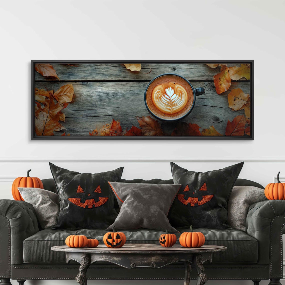 Latte Art Cup On Weathered Wood With Fall Leaves Photo Art Print - Image 3