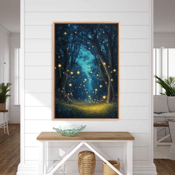 Magical Mooonlit Forest Glade Engulfed With Fireflies Oil Wall Art Print Fantasy Nature Art Enchanted Trees Ready To Hang