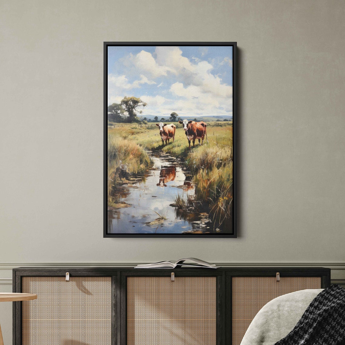 Brown Cows By Sunny Stream Pasture Reflections Countryside Art Poster