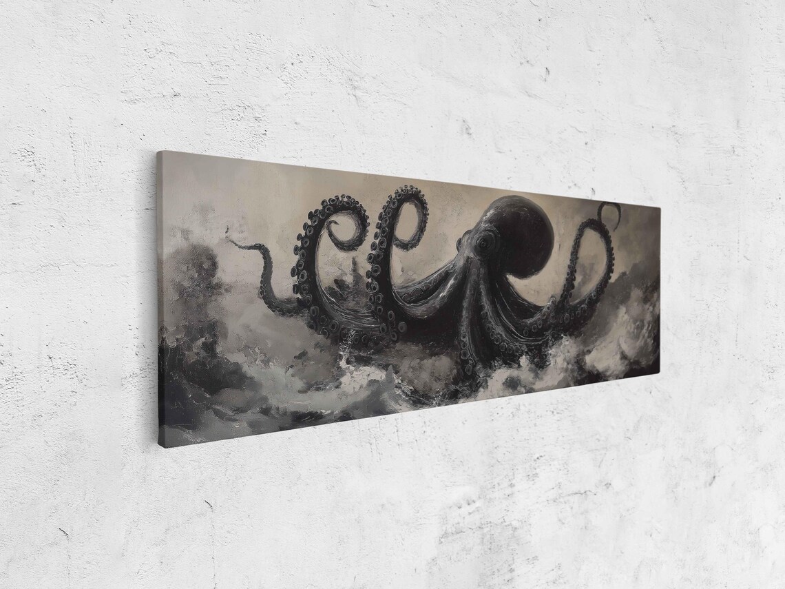 Giant Octopus Reaching From The Sea Wall Art Print Dramatic Waves Moody Grays Inky Blacks - Image 4