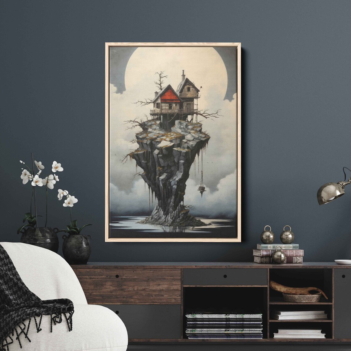Surreal House On Rocky Island Full Moon Dreamy Fantasy Home Art - Image 2