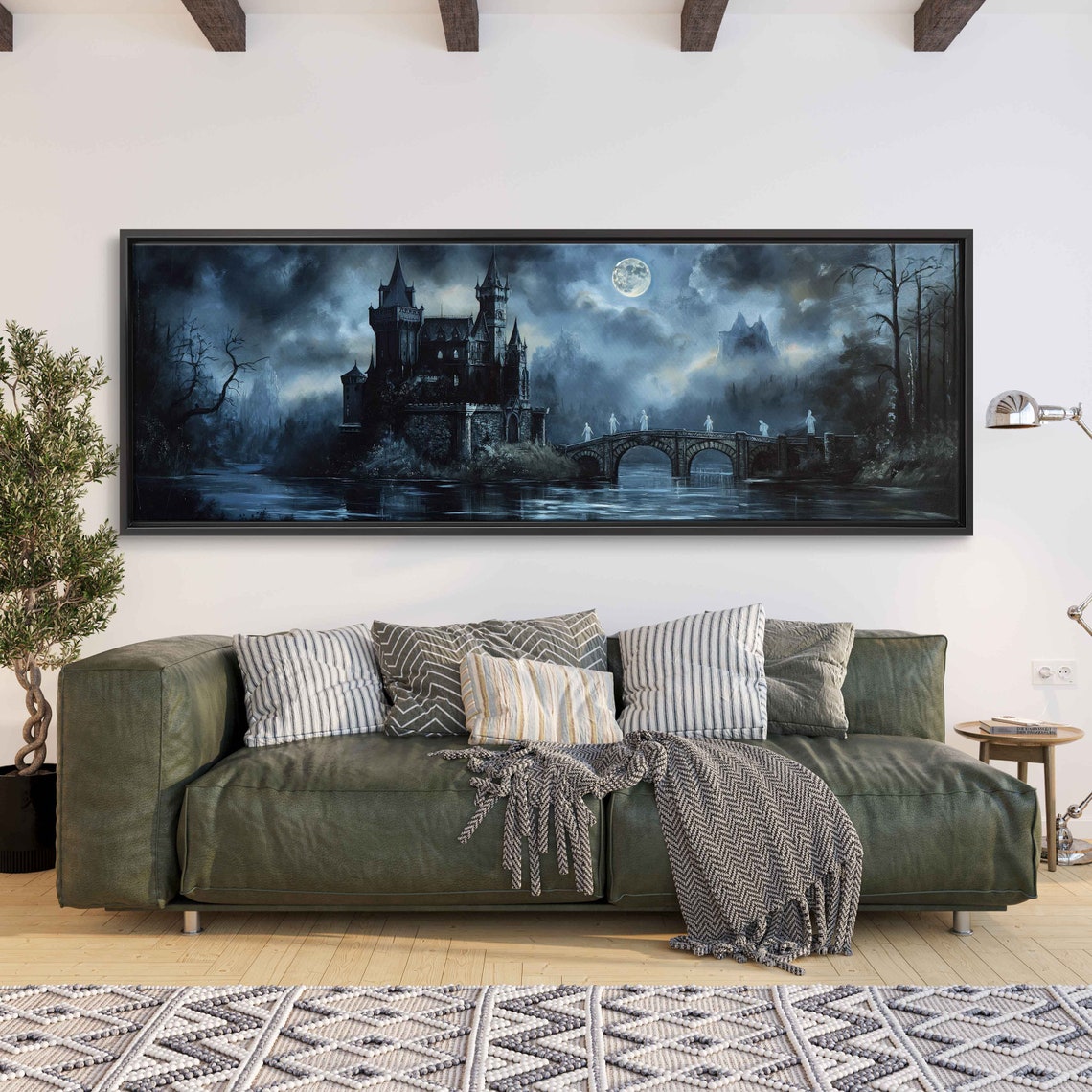 Haunted Castle With Drawbridge Full Moon Ghosts Foggy Night Poster