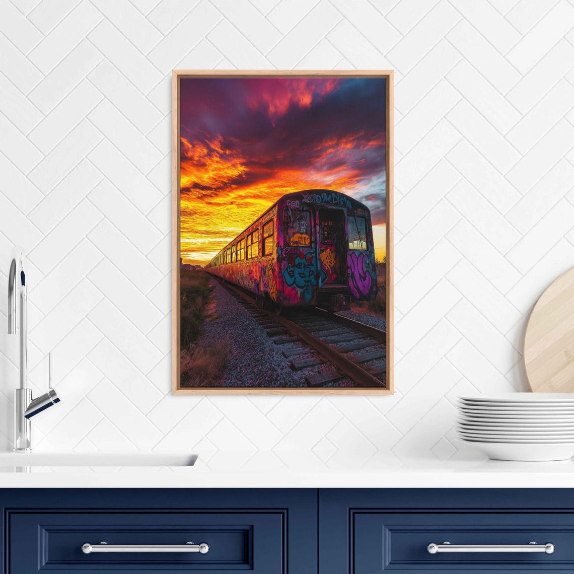 Graffiti Train Car At Sunset Wall Art Print Urban Landscape Colorful Sky