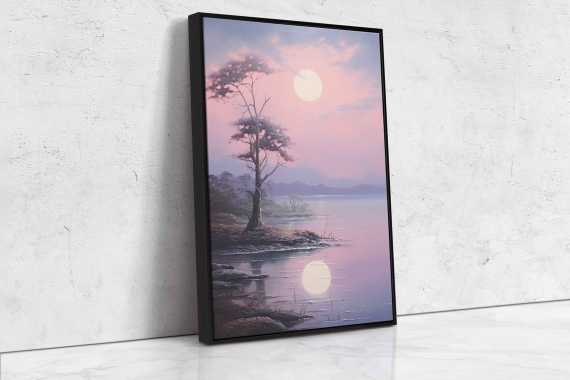 Serene Lone Moonlit Pine Tree Lake Reflection Pink Sky Poster - Image 4