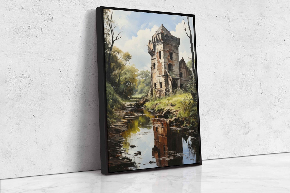 Ancient Stone Tower Ruin Calm Stream Reflections Sunny Day Poster - Image 4