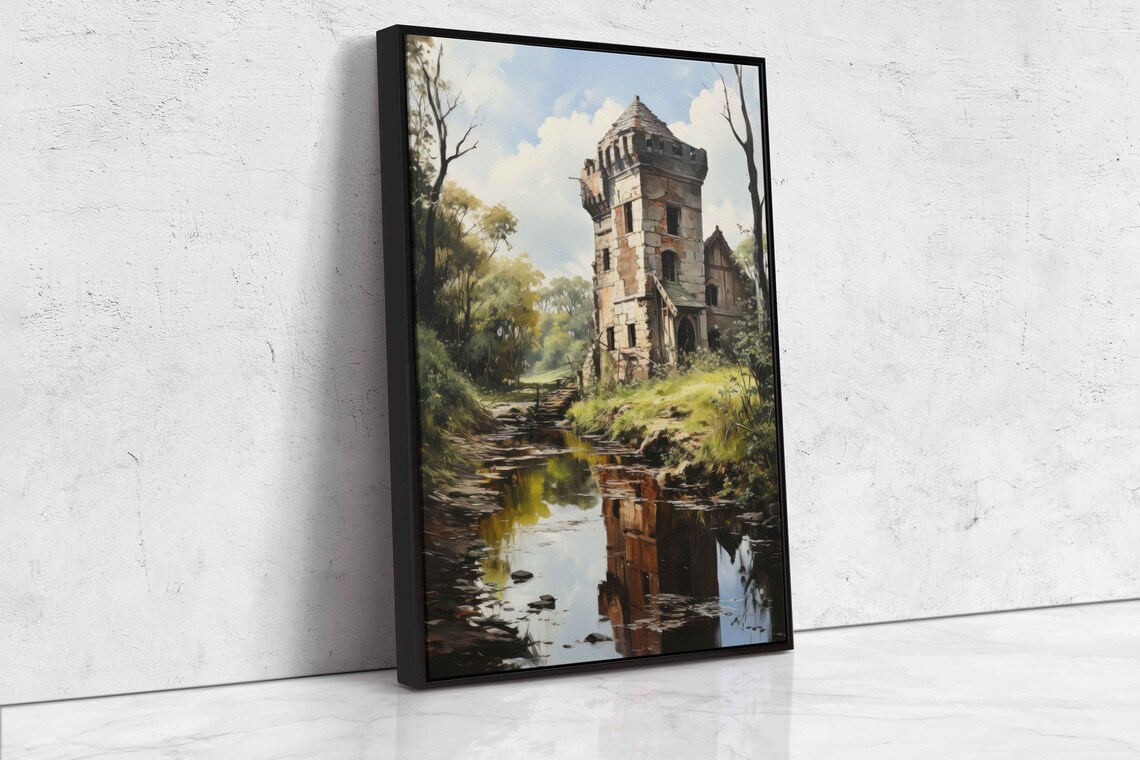 Dense Foggy Forest Painting Wall Art Print Nature Steps Walkway Dilapidated Old Tower Ready To Hang - Image 4