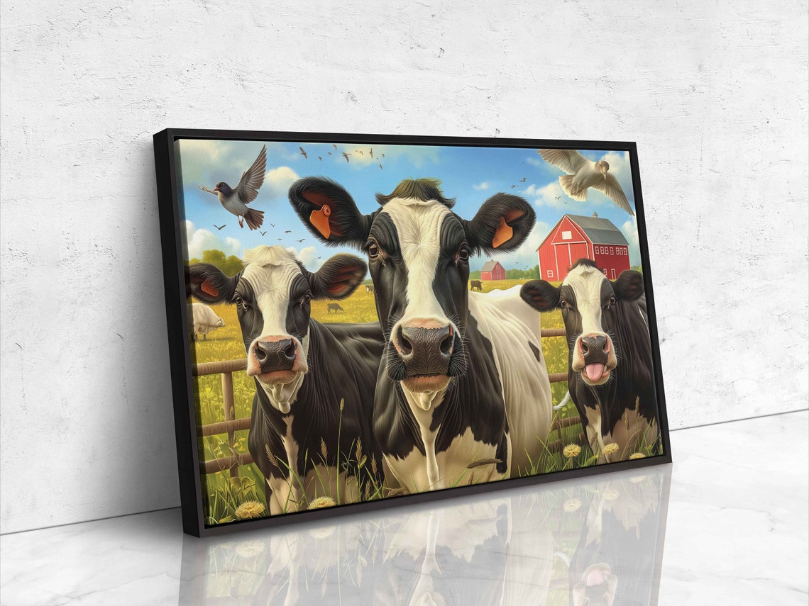 Three Curious Cows At Fence Red Barn Playful Farm Animal Poster - Image 4