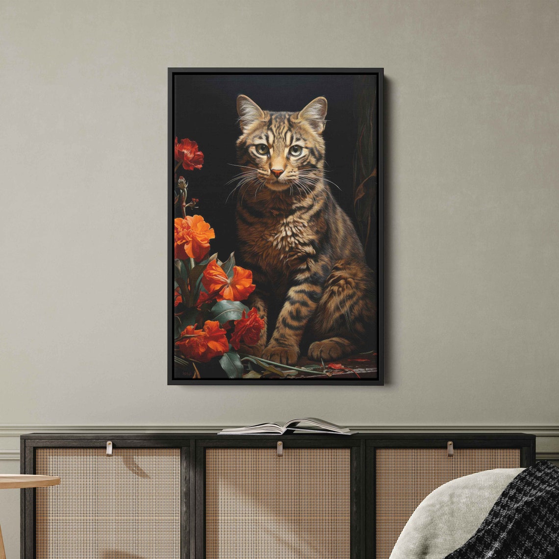Tabby Cat With Red Flowers Dramatic Floral Feline Portrait Oil Print