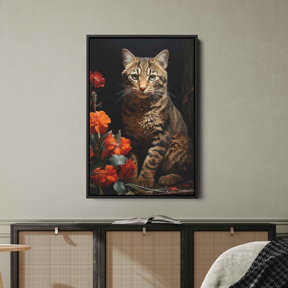 Tabby Cat With Red Flowers Dramatic Floral Feline Portrait Oil Print