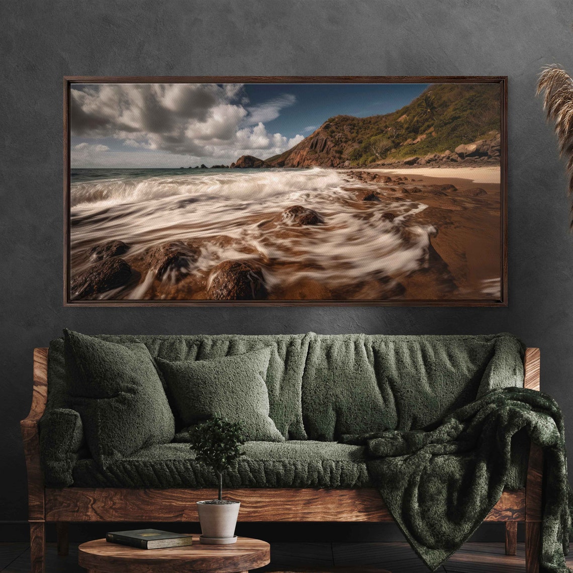 Ocean Waves Crashing Over Rocky Shoreline Long Exposure Beach Poster