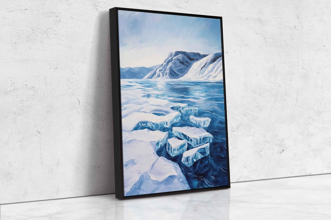 Frozen Lake Winter Blue Ice Patterns Snowy Mountains Landscape Poster - Image 4
