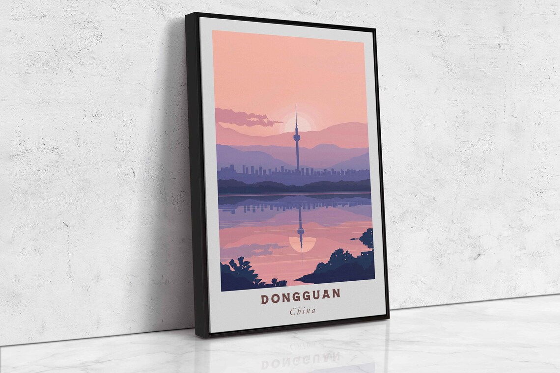 Dongguan China TV Tower Lakeside Sunset Minimalist Travel Poster - Image 2