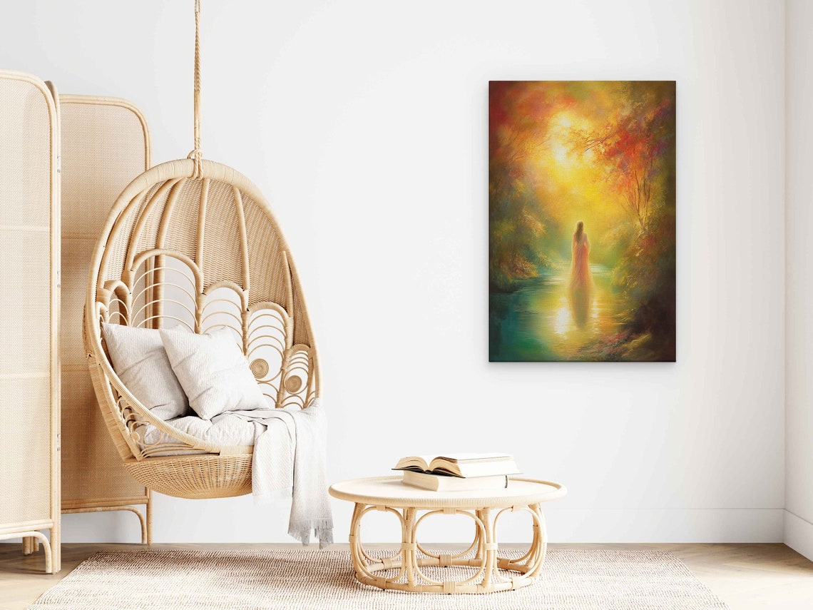 Woman Standing In River At Golden Sunrise Dreamy Forest Art Poster - Image 3