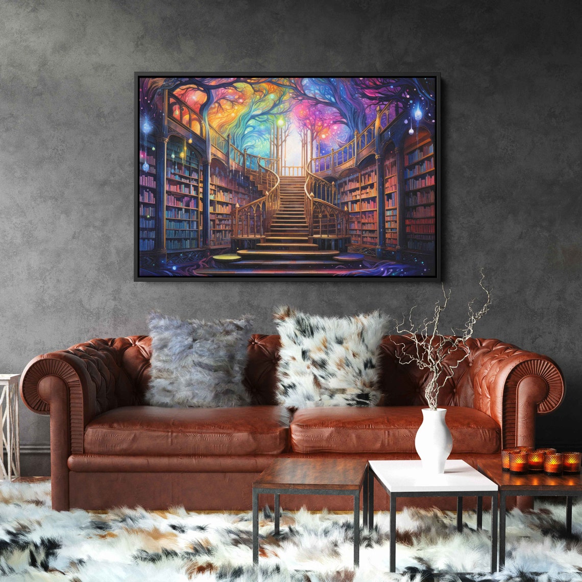 Magical Library Grand Staircase Rainbow Tree Fantasy Book Art Poster